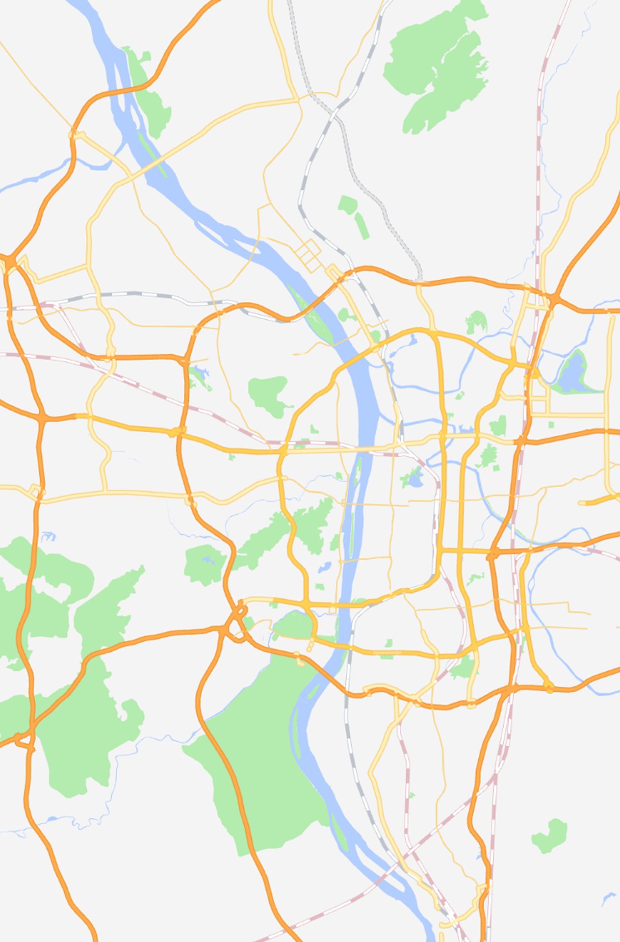 湘江沿线实景地图上的通勤航线示意：北段、中段左岸线与右岸线、南段