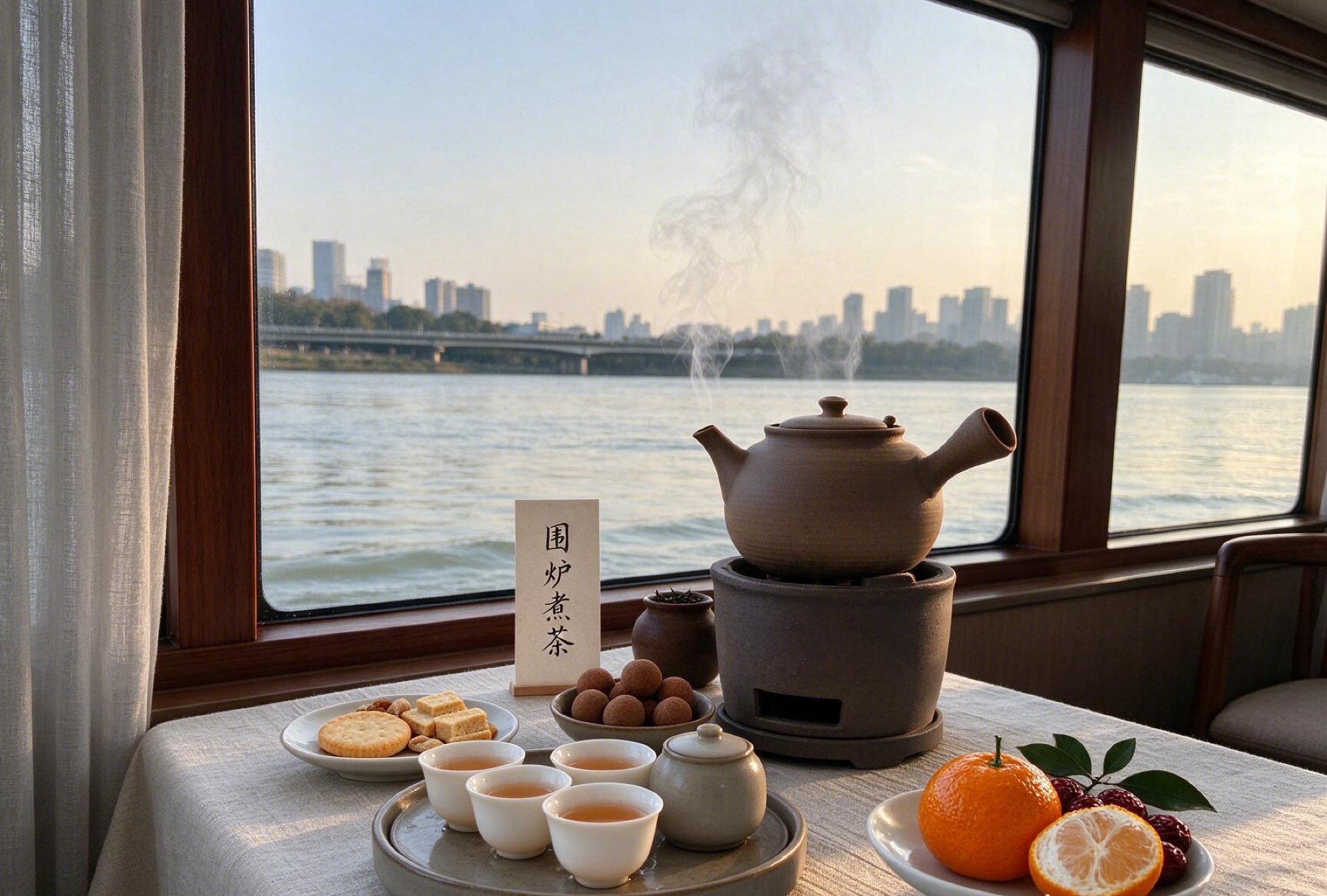 窗边茶桌上摆着粗陶茶壶、炭炉、茶点与橘子，窗外是湘江